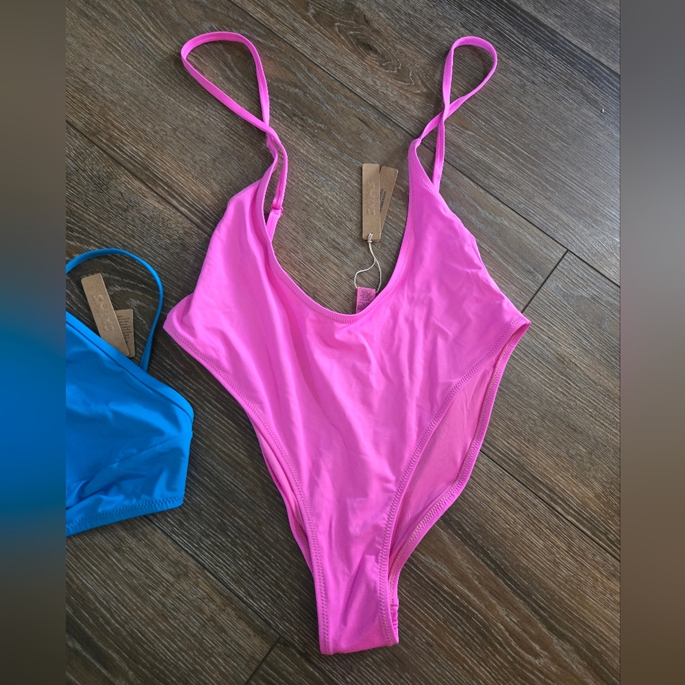 SKIMS Hot Pink One-Piece & Bright Blue Bikini Top Swim Set - Picture 3 of 4